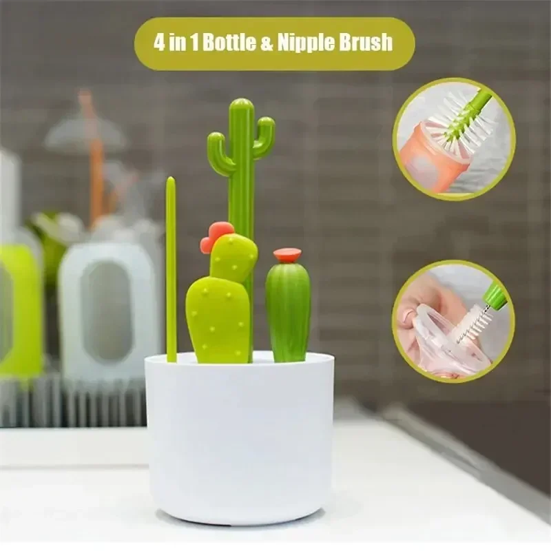 

4 Piece Baby Bottle Brush Cleaning Set, Cactus Baby Bottle Brush Set, Long Handle Water Bottle Cleaner, Home Use Cups and Straws