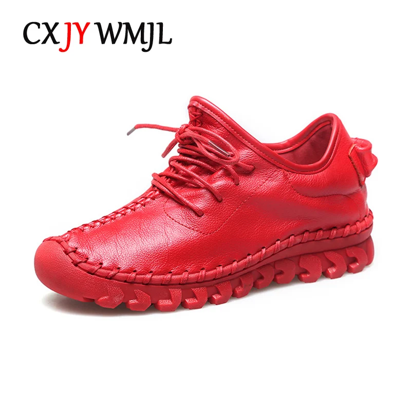 CXJYWMJL Cowhide Casual Sneakers for Women Plus Size Vulcanized Shoes Genuine Leather Spring Skate Shoes Ladies Sports White