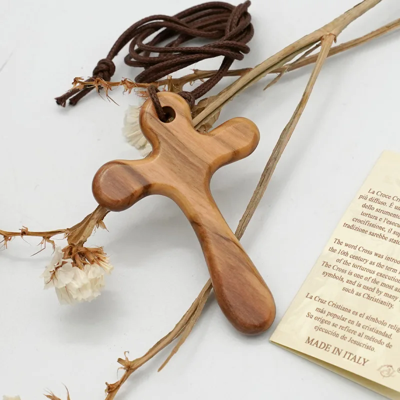 

Holy Land Olive Wood Deluxe Cross Neckklace from Italy Wooden Comfort Cross with Rope
