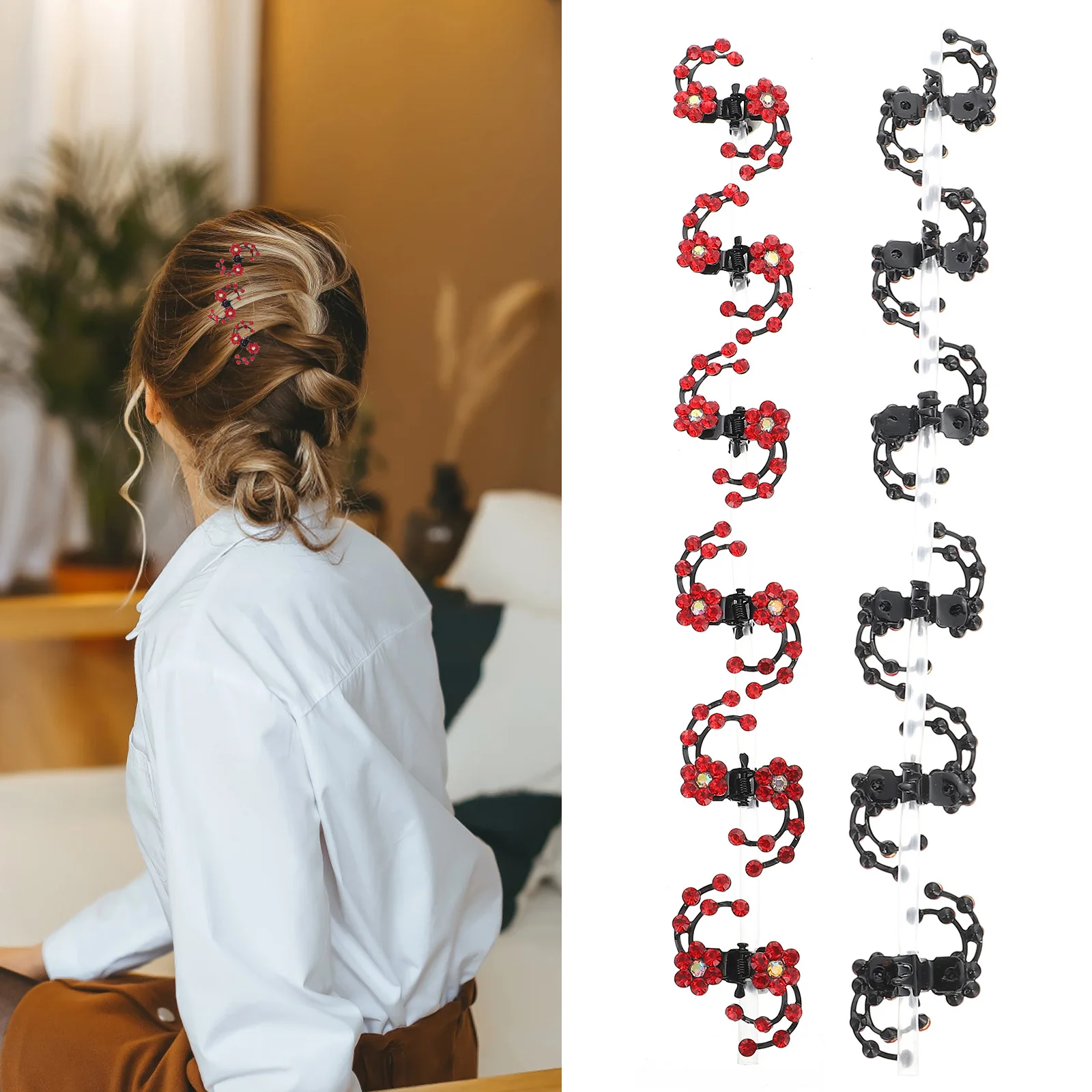 

6Pcs Mini Rhinestone Plum Blossom Hairpin Hair Claw Clamp Wedding Bridal Party Hair Clip for Women Girls Bright Red