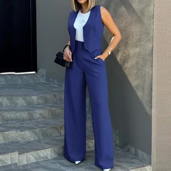 Casual Office Lady Solid New Spring Sleeveless Outfits Women Elegant V Neck Single-breasted Waistcoat Tops&High Waist Pants Set