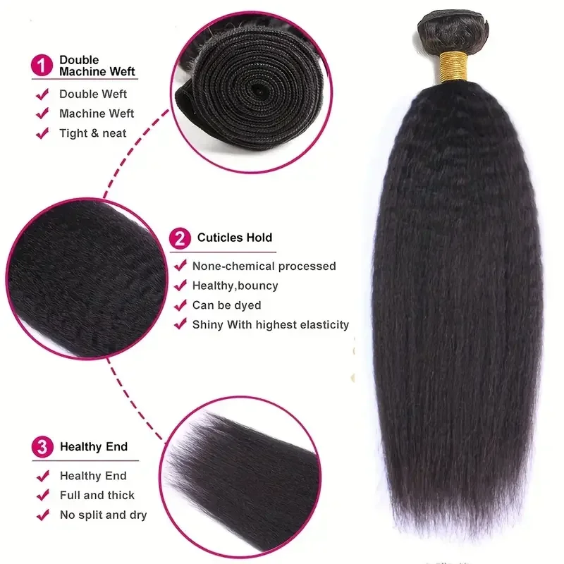 Brazilian Kinky Straight Human Hair 1/3/4 Bundles Yaki  100% Virgin Kinky Straight Human Hair Extensions Natural Black