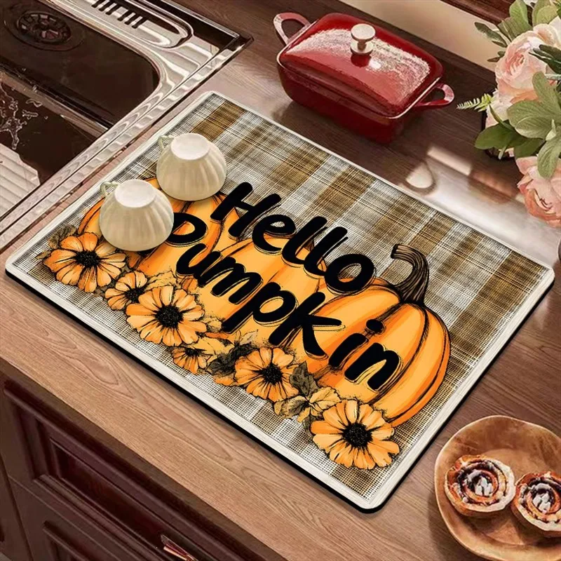 VIKAMA Diatomite Drying Mat, Super Absorbent Quick Dry Non-Slip Heat Resistant Kitchen Counter Hello Pumpkin Fall Decor