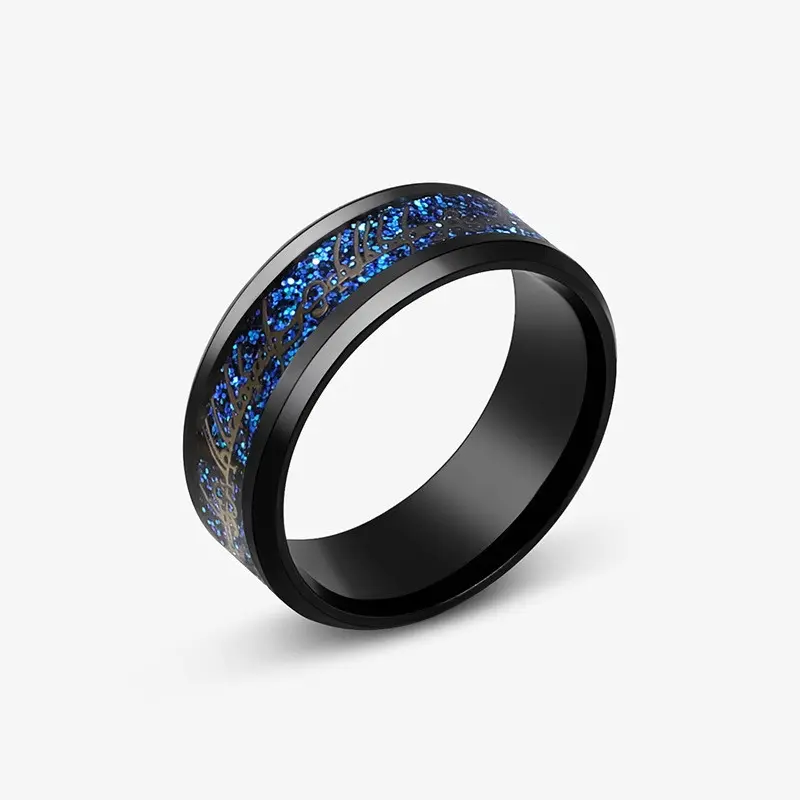 8mm Stainless Steel Domineering Dragon Pattern Rings for Men Women Punk Inlaid Blue Carbon Fibre Ring Bagues Pour Femme - 5