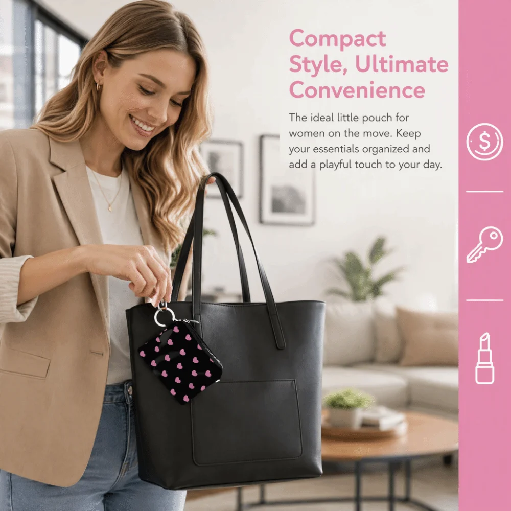 Love Heart Black Coin Purse with Key Ring Easy Access Zipper Makeup Bag Zip Pouch Printed Coin Key Card Holder Holiday Gift