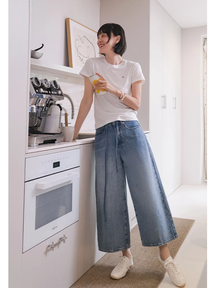 

Синие джинсы с высокой талией и широкими штанинами, женские повседневные брюки восемнадцать, удобные износостойкие ткани, весна-лето, новые поступления