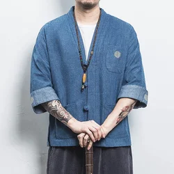 Chinese Stylel 100% Cotton Kimono Cardigan Men Vintage Denim Jacket Casual Coat Male Streetwe Plus Size