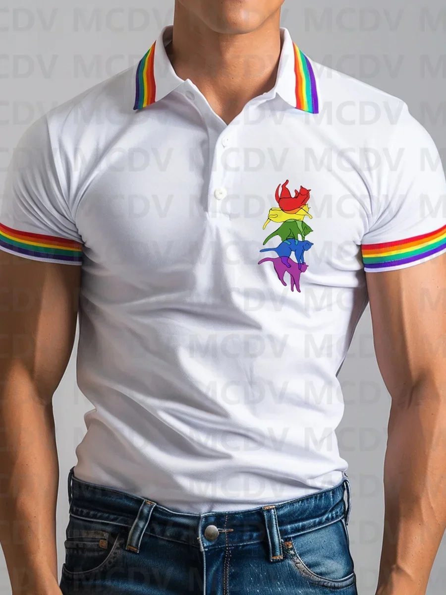 

Men's Rainbow LGBT Flag Cat Gay Polo Shirt Summer Streetwear Casual Fashion Men tops