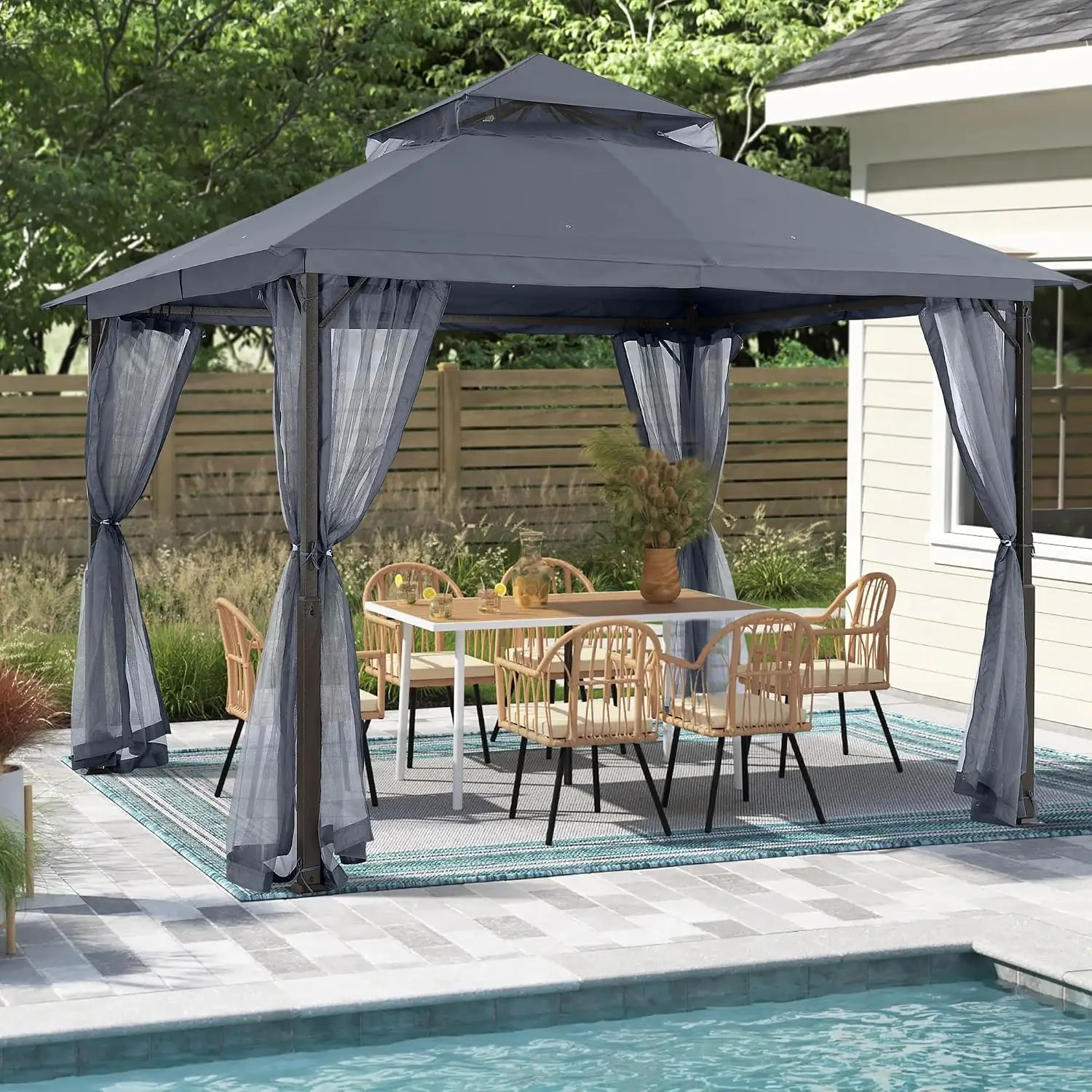 11x11 ft Gazebo with Netting Walls, Steel Frame, 8 Braces, Vented Double Roof, 300D Water & Fade Resistant Canopy, Customized