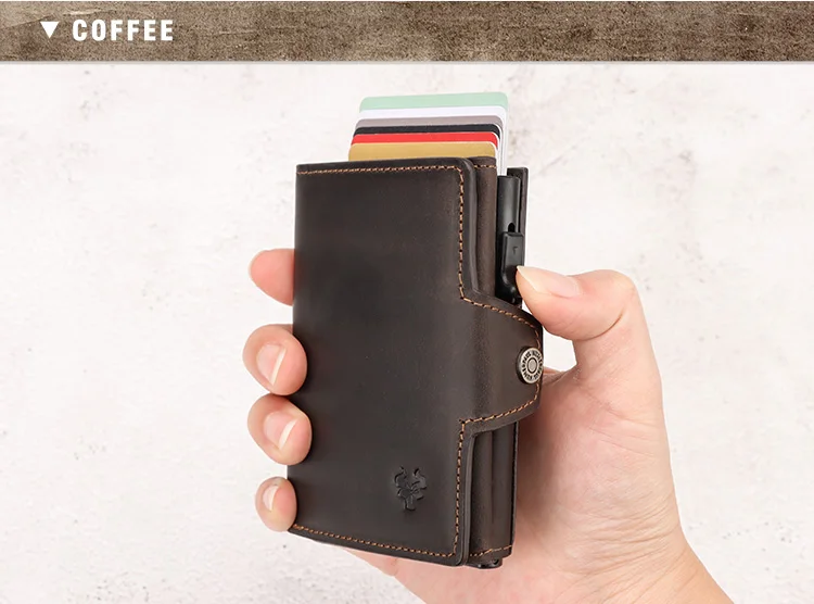 HUMERPAUL Herren-Kartenhalter mit Geldfach, Crazy Horse-Leder, Pop-Up, minimalistische Geldbörse, RFID-blockierendes, schlankes Bankkartenetui aus Metall – Detail 10