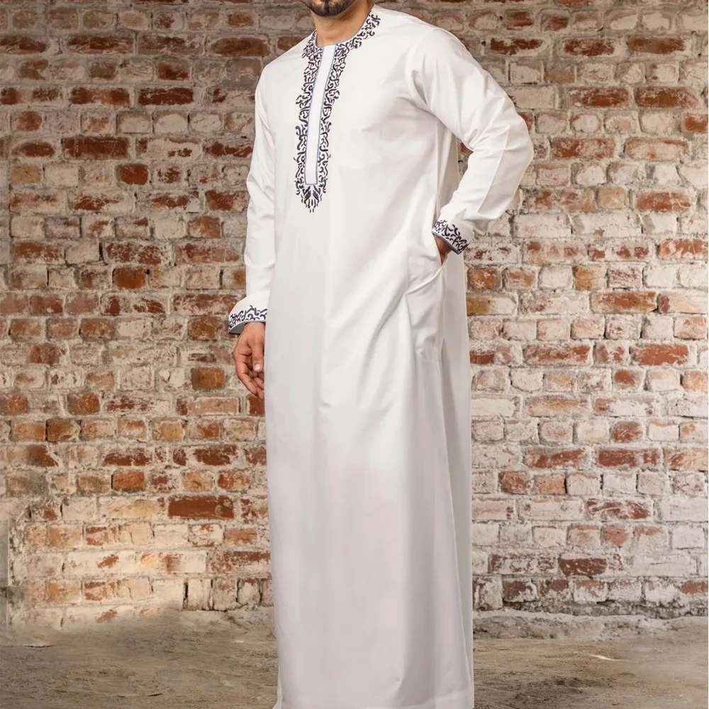 Abito lungo da uomo Jubba Thobe abito ricamo pullover manica lunga Abaya uomo musulmano Marocco Dubai impiombato primavera tradizionale