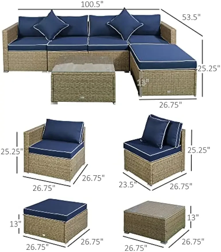 Set di mobili da giardino da 6 pezzi Set di conversazione in vimini per esterni Set di divani componibili in Rattan PE per tutte le stagioni con pouf