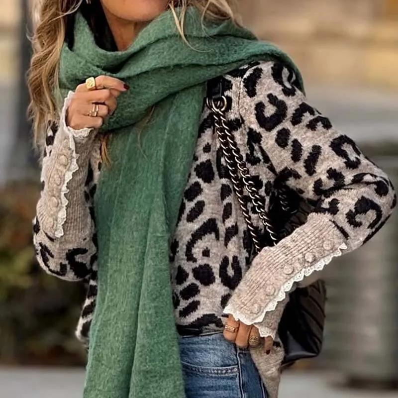 2025 Elegante Leopardenmuster High Street Pullover Tops Damenmode Oansatz Gestrickte Bluse Casual Langarm Pullover Pullover
