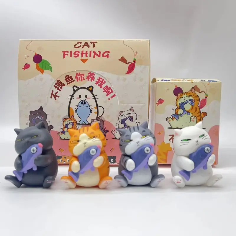 

4pcs Catching Fishing Cat Blind Box 5cm Mini Cute Cat Action Figures Kwaii Anime Cartoon Model Desktop Decora Surprise Gifts
