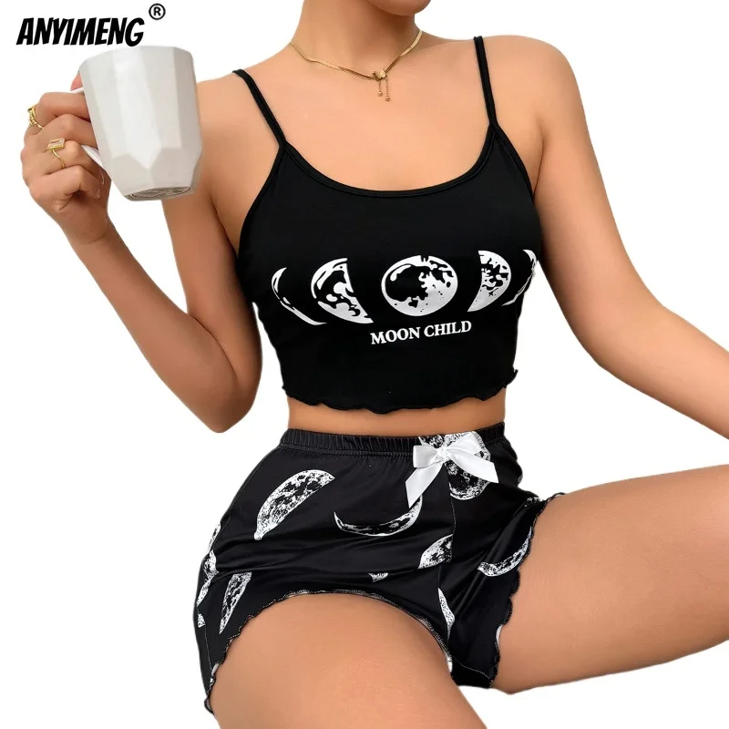 Summer Sexy Spaghetti Strap Pajamas for Women Black Top Lingerie Pijamas Sleeveless Moon Print Homewear Fashion Pyjamas