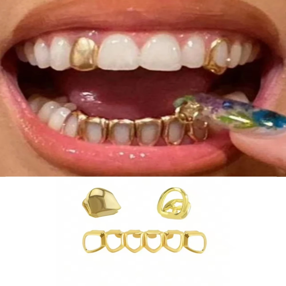 3Pcs DIY Glossy Teeth Grillz Gold/Silver Hip Hop Top Bottom Tooth Caps for Women Men Halloween Cosplay Jewelry Gift