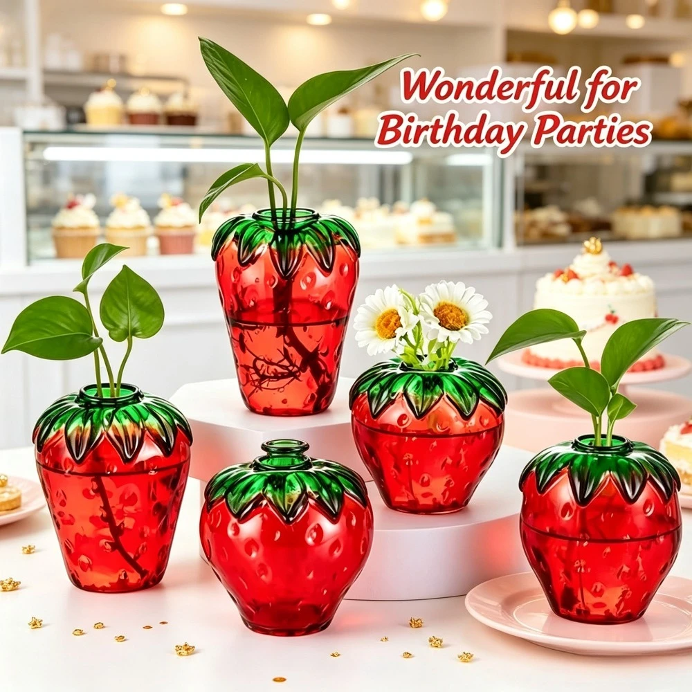 Cute Strawberry Shape Glass Vase Set of 5 Transparent Red Flower Vase Tabletop Hydroponic Plant Vase Home Wedding Party Decor