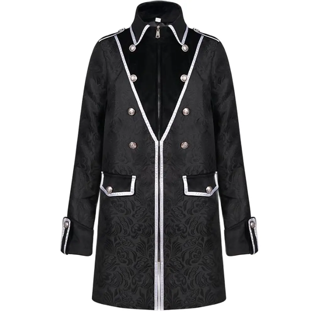 

European American Outerwear Medieval Men Fashion Retro Jacket Stand Collar Jacquard Coat Gothic Overcoat Dress Up Black Spring