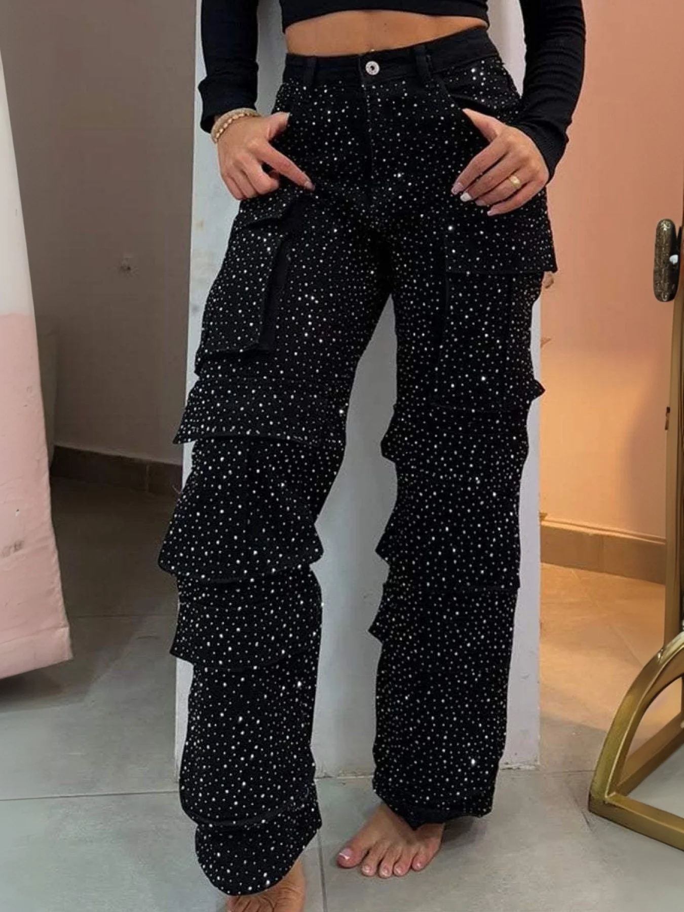 2025 New High Waist Black Rhinestone Multi-Pocket Work Jeans, Street Style, High Quality Fashionable Straight Jeans, a Must-Have