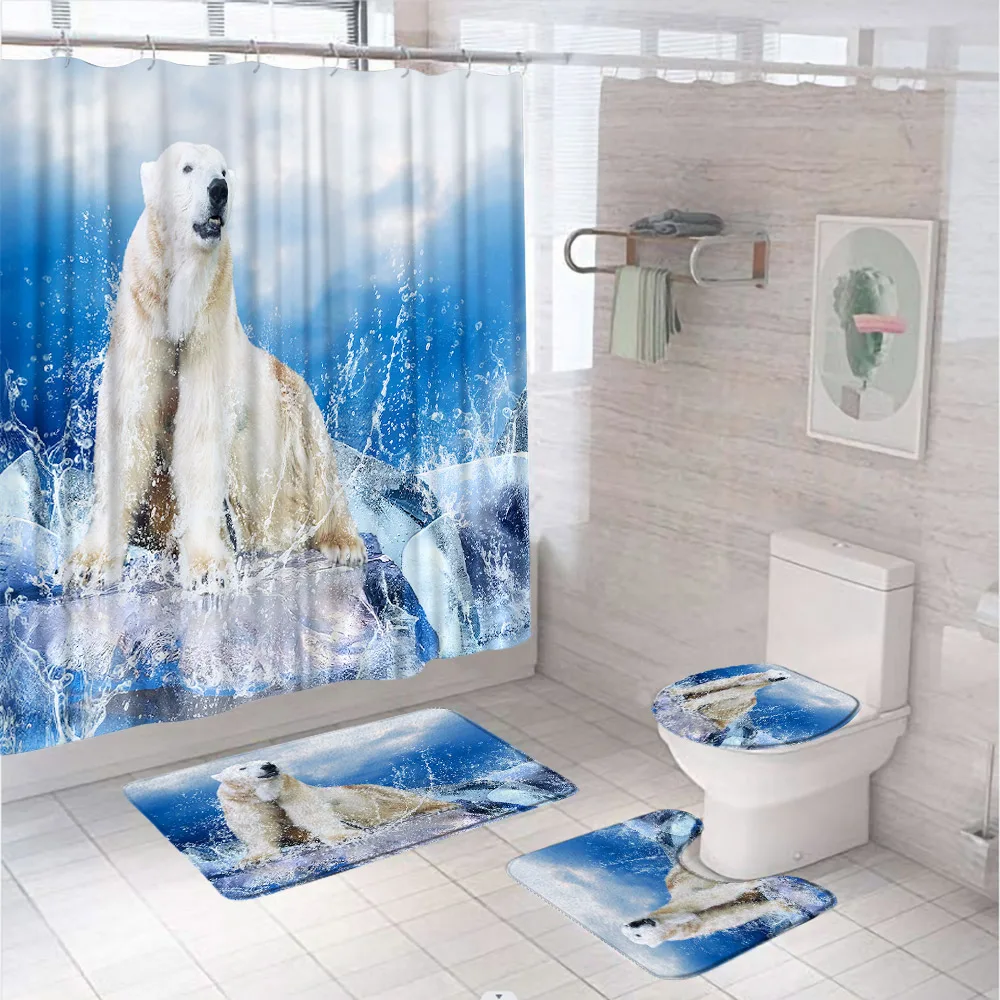 Polar Bear Shower Curtain Set Animal Arctic Scenery Natural Iceberg Blue Sky Bathroom Curtain Non-Slip Bath Mat Rug Toilet Cover