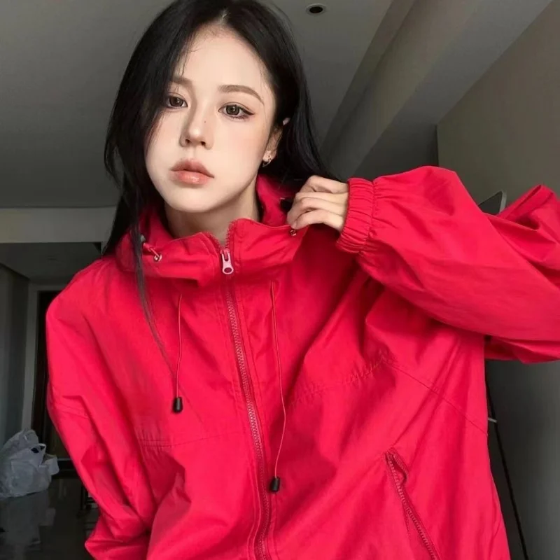 Y2K Green Windbreaker Jacket Women Oversized Hip Hop Black Top Waterproof Hooded Coat Harajuku Outerwear Coat Women Streetwear