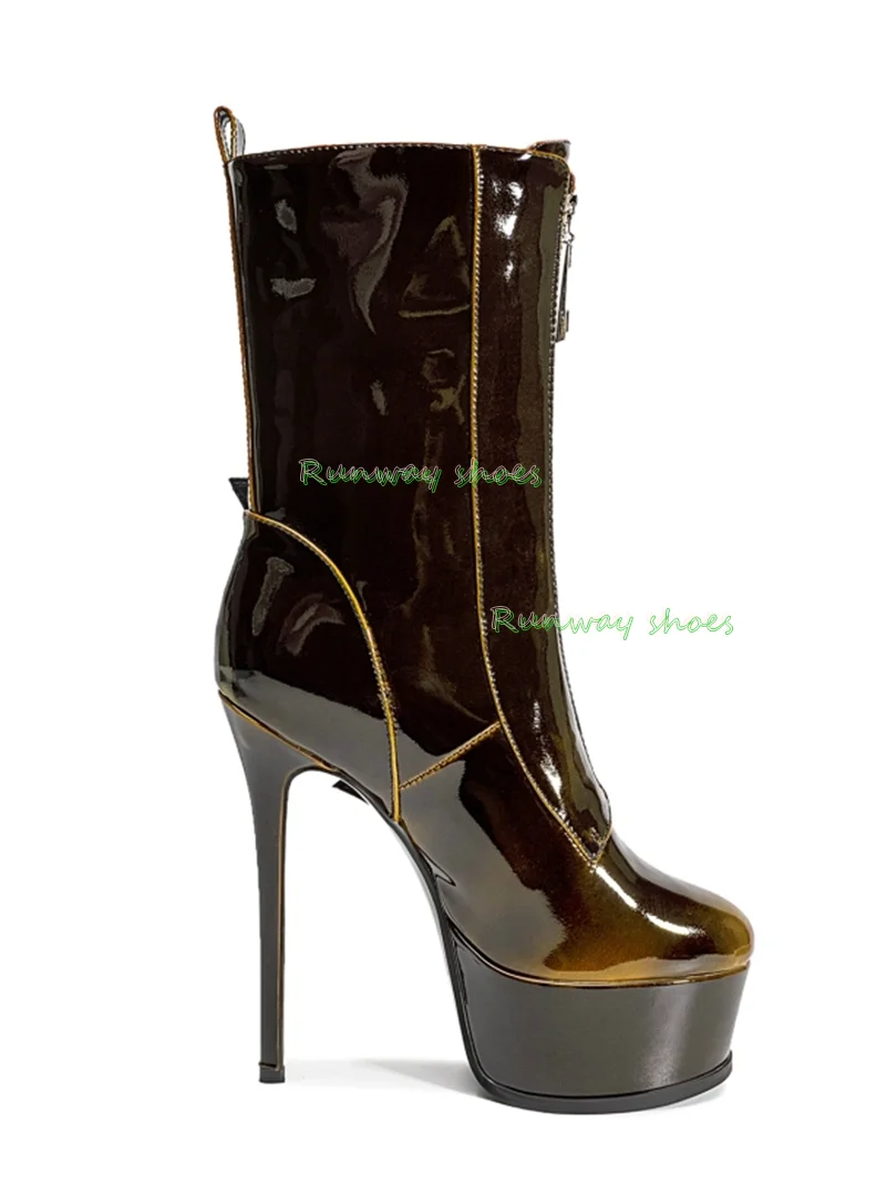 Gradient Green-Black Color-Blocking Patent Leather Platform Sole Ankle Boots Round Stiletto Heels Head Sankou Stage Boots 2026