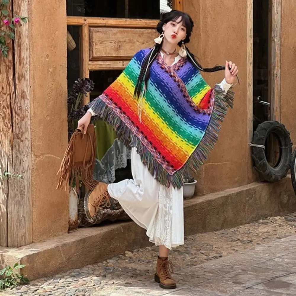 Coat Overlays Winter Warm Mongolian Poncho Striped Polyester Pullover Tassel Shawl Ethnic Style Knitting Wraps Women Fashion