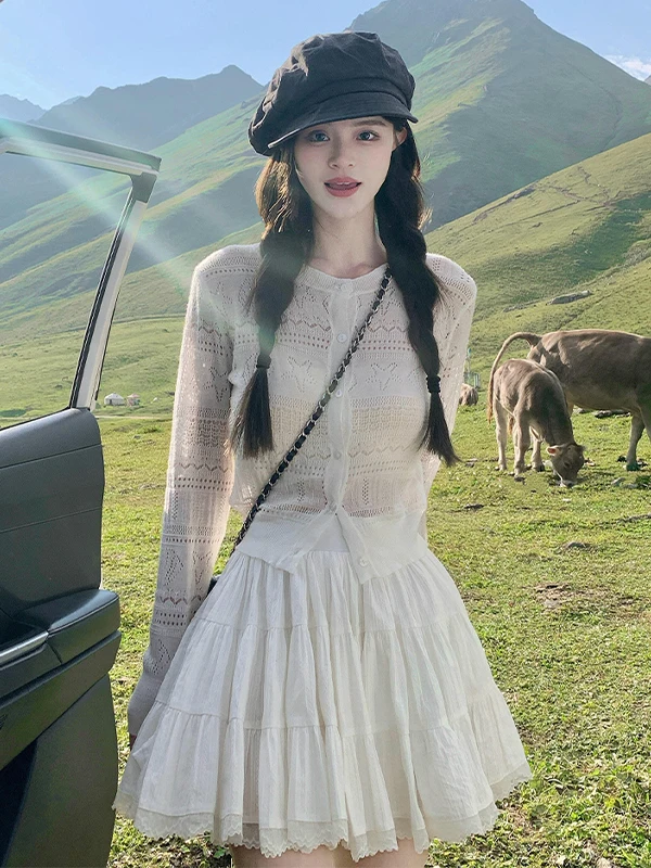 

Ladies' Hollow out Long Sve Knitted Sweater Light Weight Loose Fit Early Autumn New Sle Sun Protection Top Comfortable C...