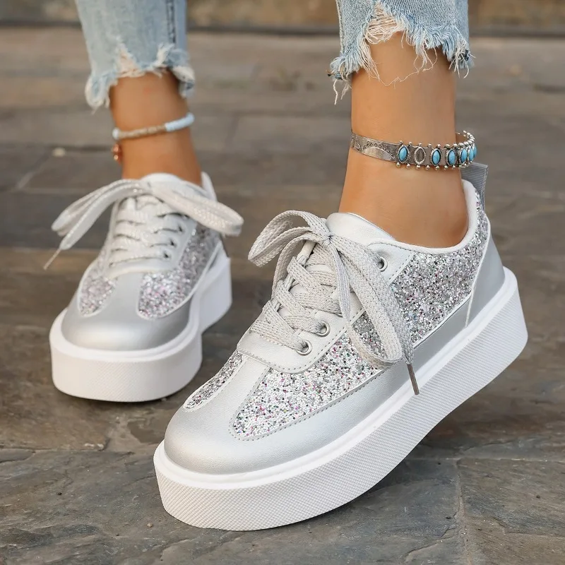 Zapatos de lentejuelas de moda, zapatos casuales para mujer, zapatos de suela gruesa de diseño moderno, calzado para hombre, zapatillas deportivas casuales con cordones.