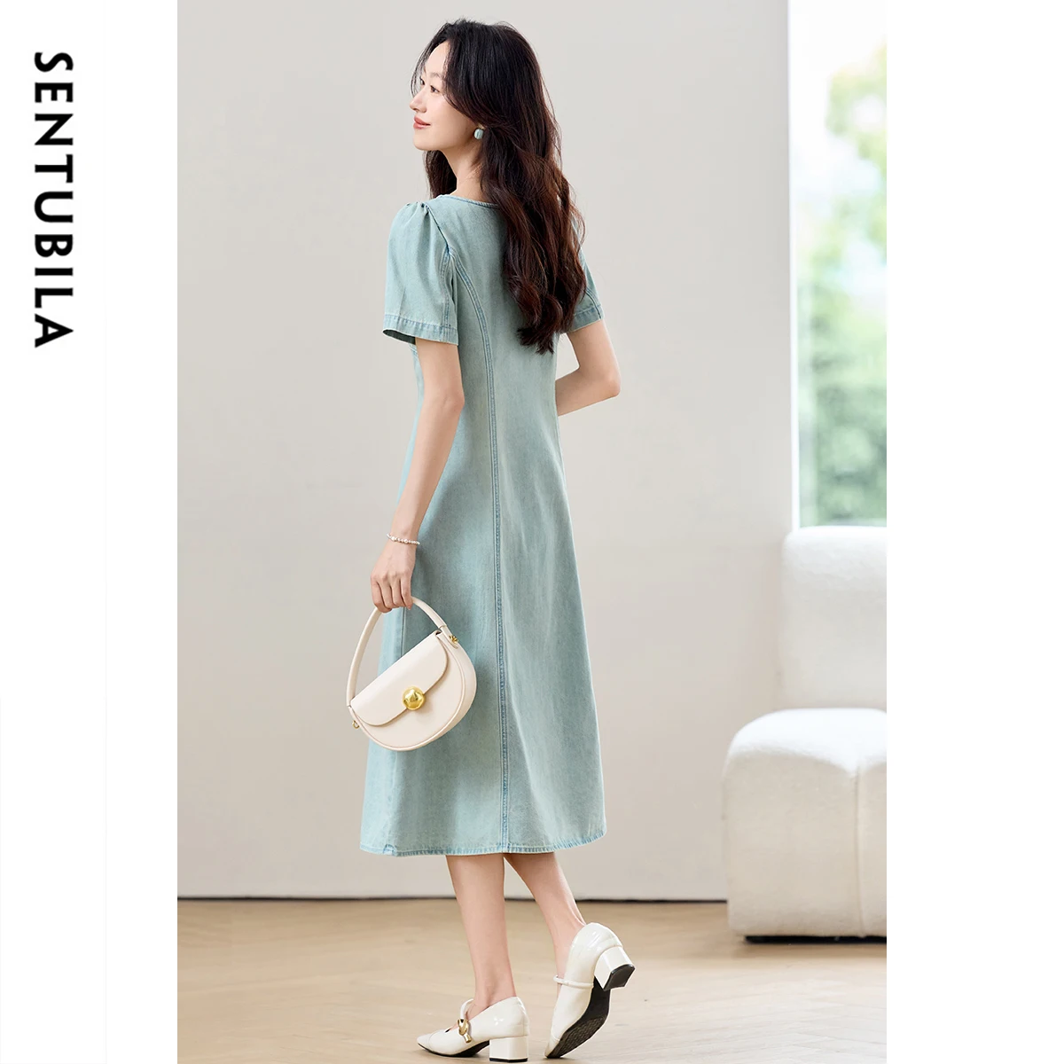SENTUBILA Women's Summer Dresses 2025 Puff Sleeves V Neck Lace Splicing Denim A-Line Long Dress Commute Elegance Style W52LH0107