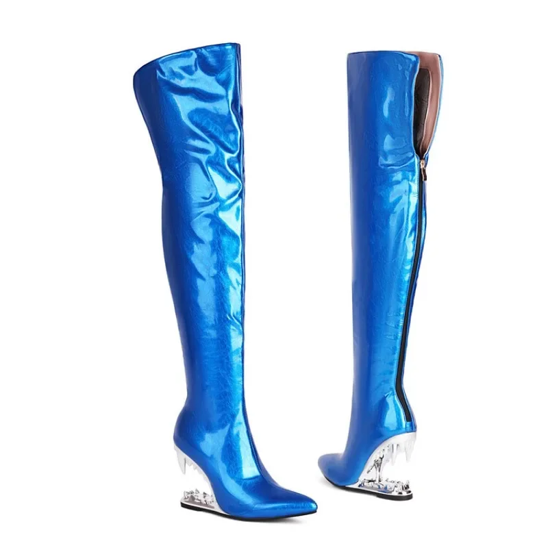 Silver Tiger Teeth Heel Design 10.5cm High Heels Over Knee Boot Women Winter Metal Hollowed Out Black Green Long Boots Size35-46