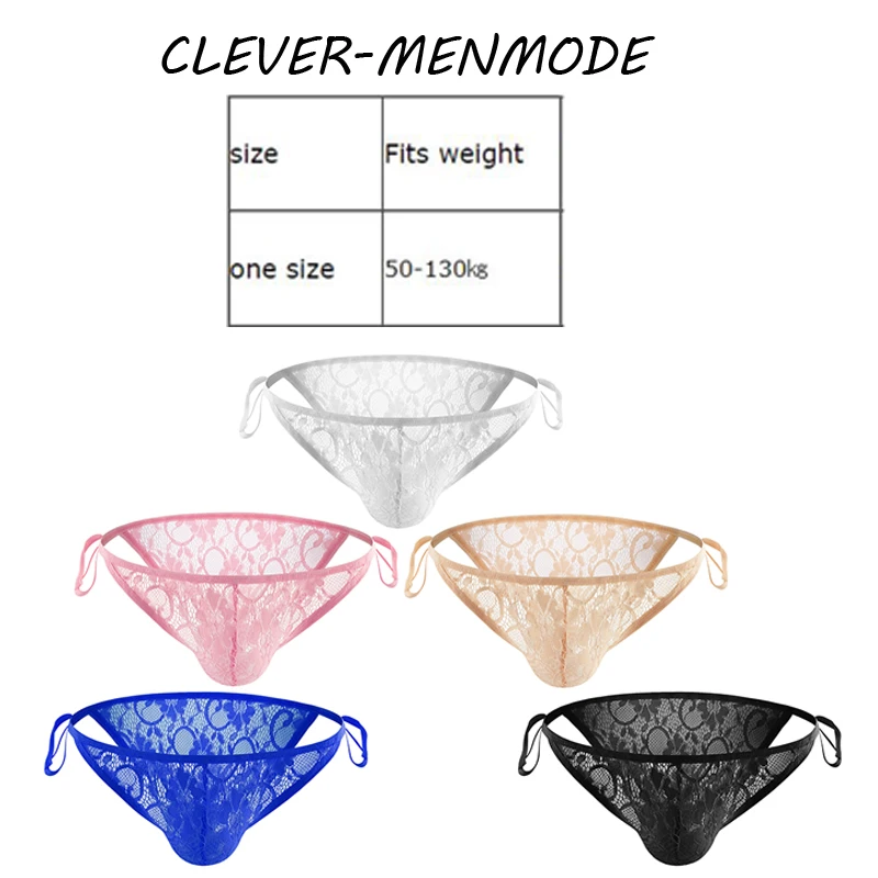 CLEVER-MENMODE Men\'s Sexy Lace Briefs Exotic Crossdress Lingerie See Through Adjustable Underwear Breathable Side Tie Panties