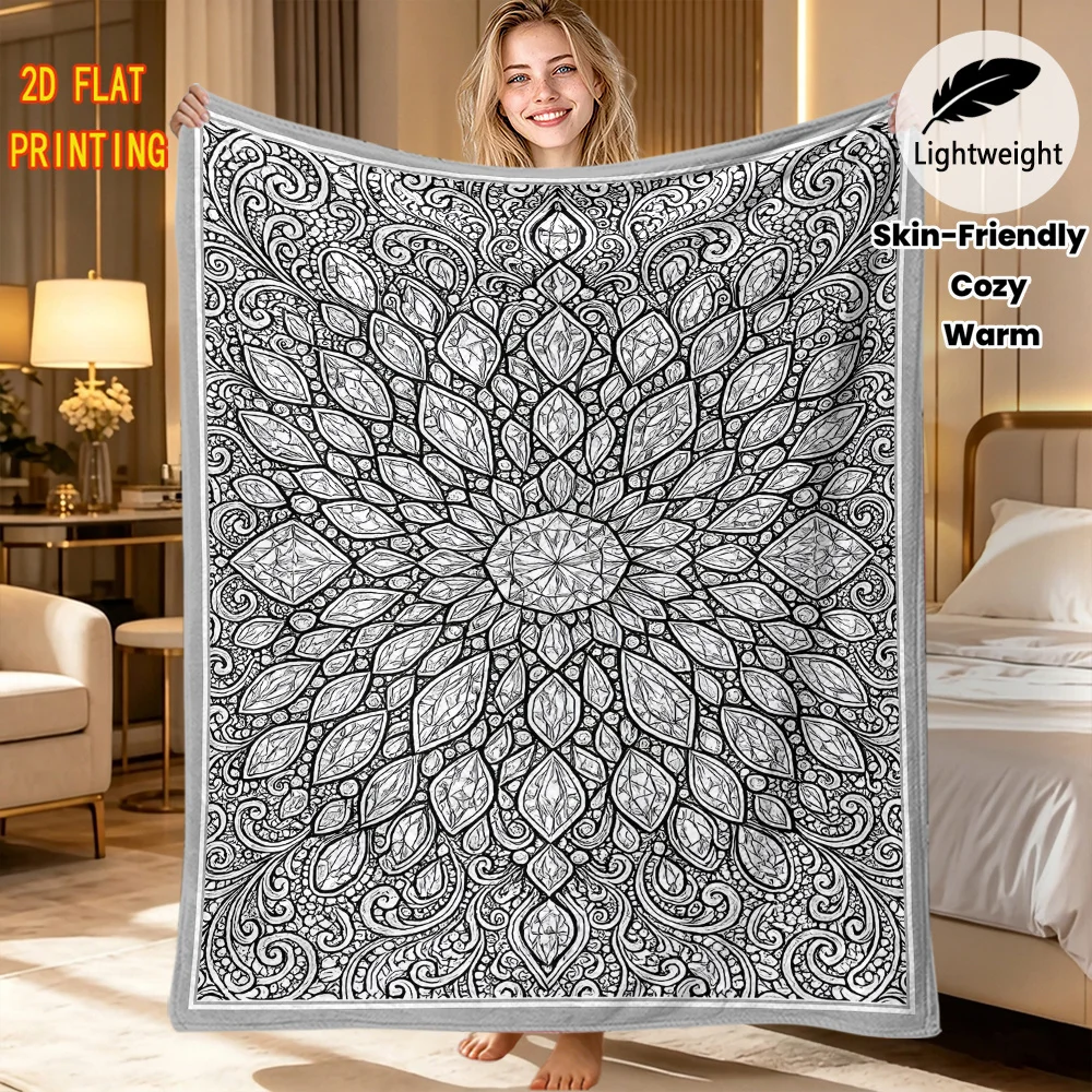 Comfortable Flannel Blanket Simple Monochrome Symmetric Mandala Heart Sketch Design Warm Lightweight Travel Throw DIY blanket