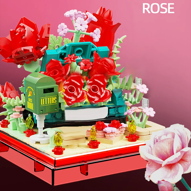 Creative Flower Box Model Bricks Rose Lily Sunflower Bouquet Figure Dolls Building Blocks Set With Dust Box Toys Gifts For Kids