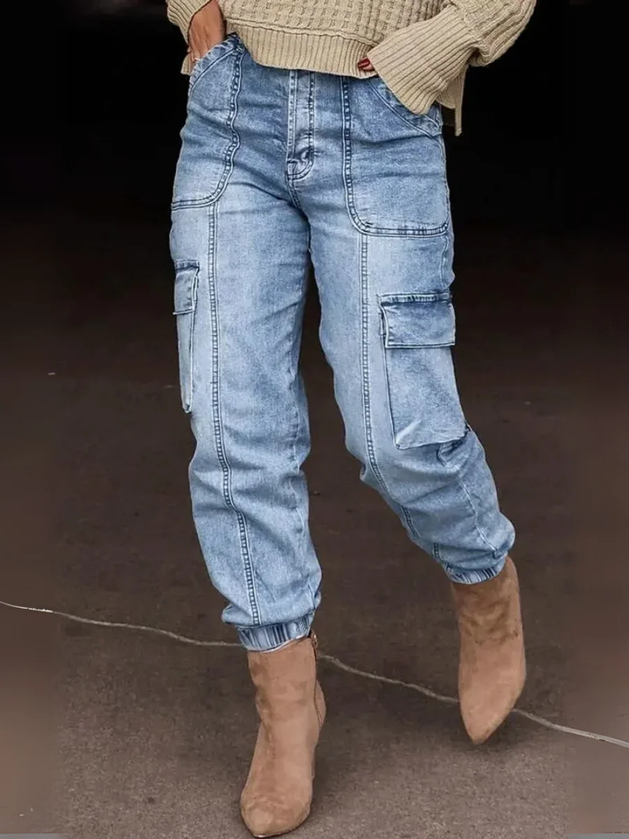 

【HME】Women's stretch denim pants, elasticized cuffs at the ankles, simple workwear-style jeans, casual denim outfit
