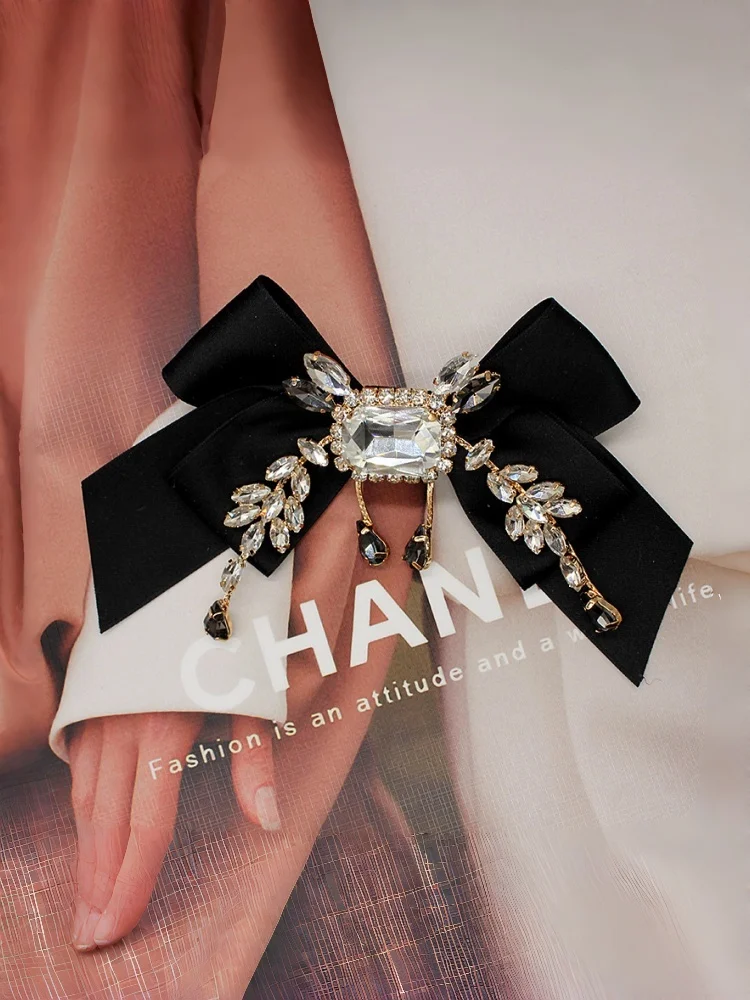 

"Dark Night Muse" Black Satin Bow Tie, Heavy-Duty Rhinestone Brooch, French Retro-Style Collar Accessory