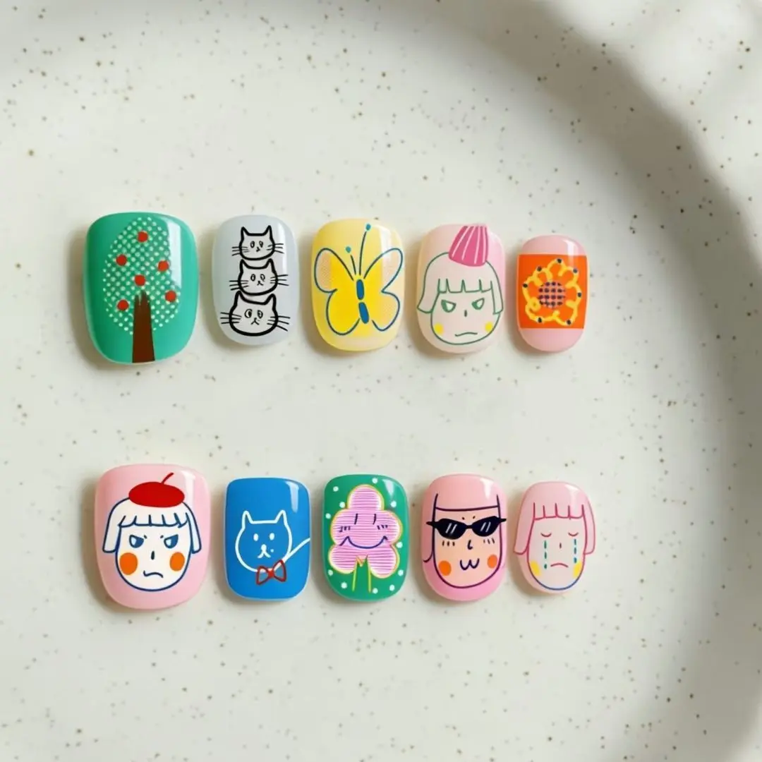 30pcs Vintage Contrast Press on Nail Colorful Geometric Rhombus Heart Floral Pattern Fake Nail Short Square False Nail for Women