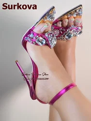 Surkova Fuchsia Gold Stiletto Heels Gem Sandals Bling Bling Big Diamond Wedding Shoes Pointed Toe Stilettos Crystal Pumps