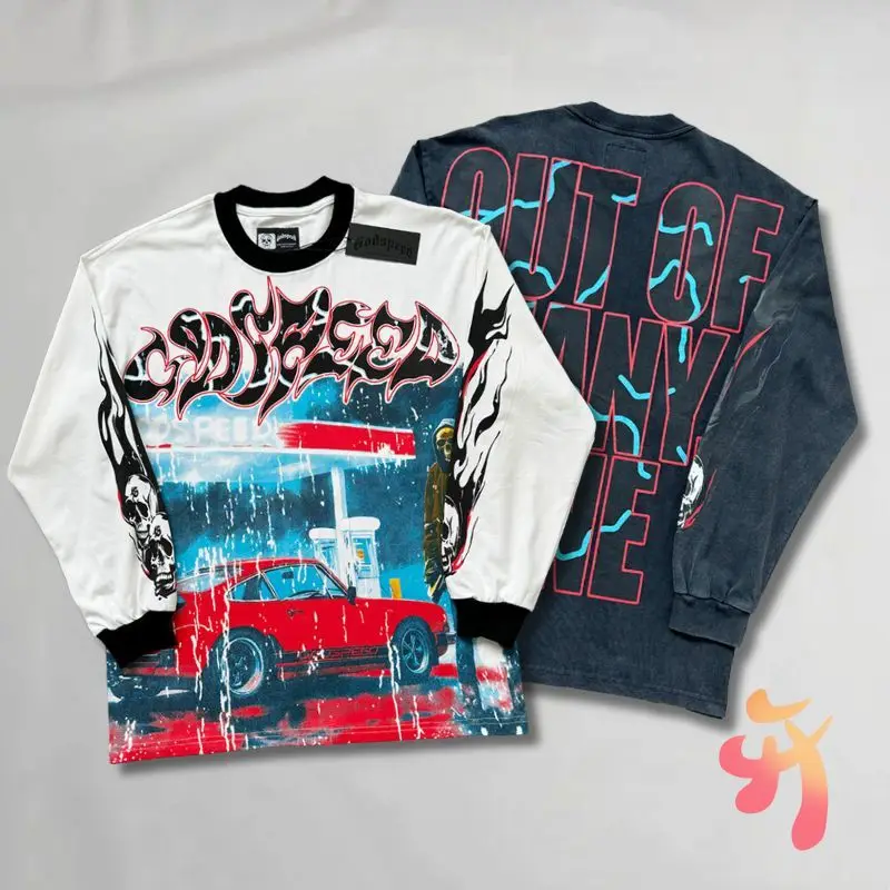 

Rock Hip Hop American Street Godspeed Sweatshirts Gas Station Rainy Skeleton Retro Long Sleeve Casual Loose Men Women Tshirts