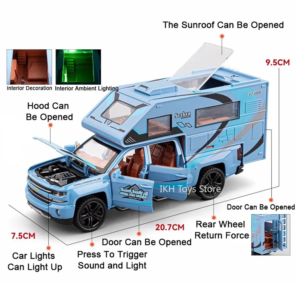 1:32 캠핑카 모델 장난감 자동차 합금 다이캐스트 미니어처 RV 사운드 라이트 도어 오픈 풀백 장식 자동차 어린이 선물용