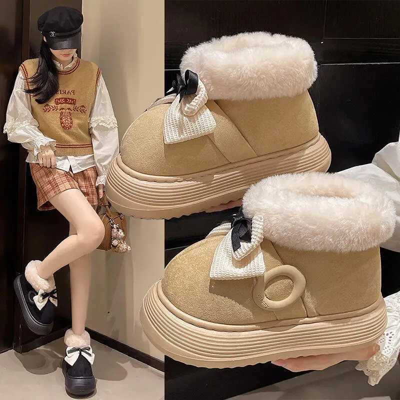 

Women's Bowknot Platform Snow Boots Winter Warm Plush Lined Ankle Boots Fashion Thick Sole Non-Slip Snow Shoes New Cotton Shoes