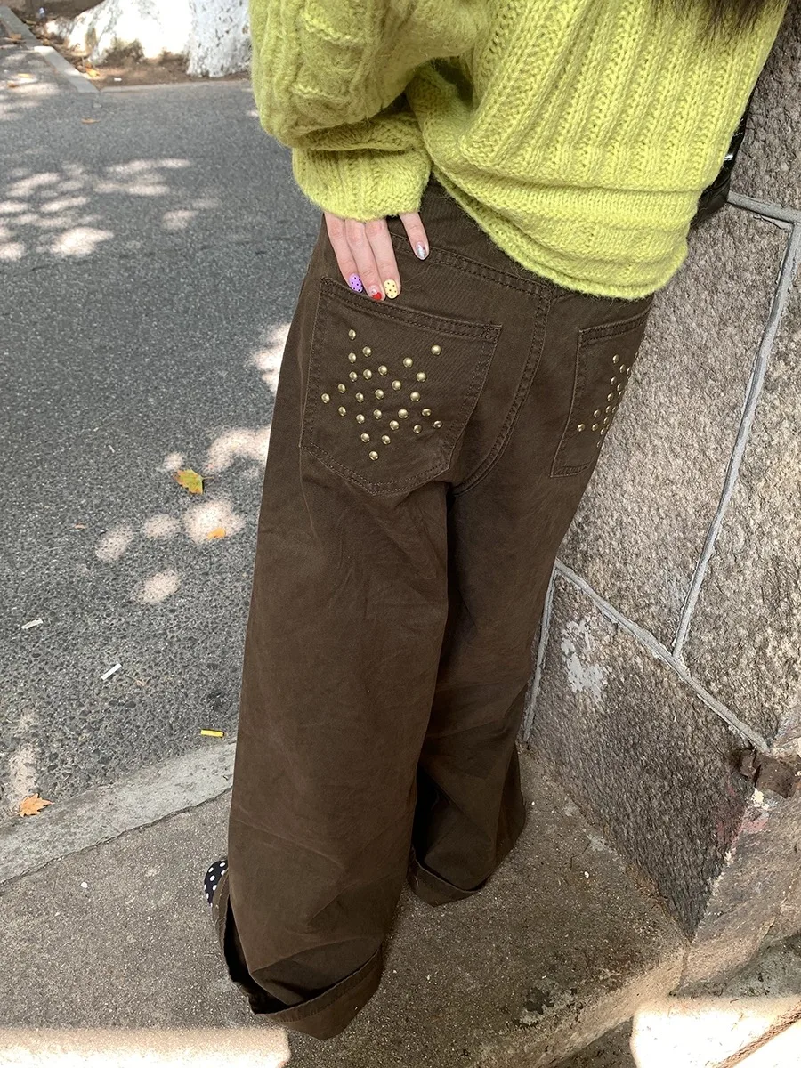 

Y2K Широкие джинсы женские коричневые со звездами и карманами повседневные свободные брюки длиной до пола