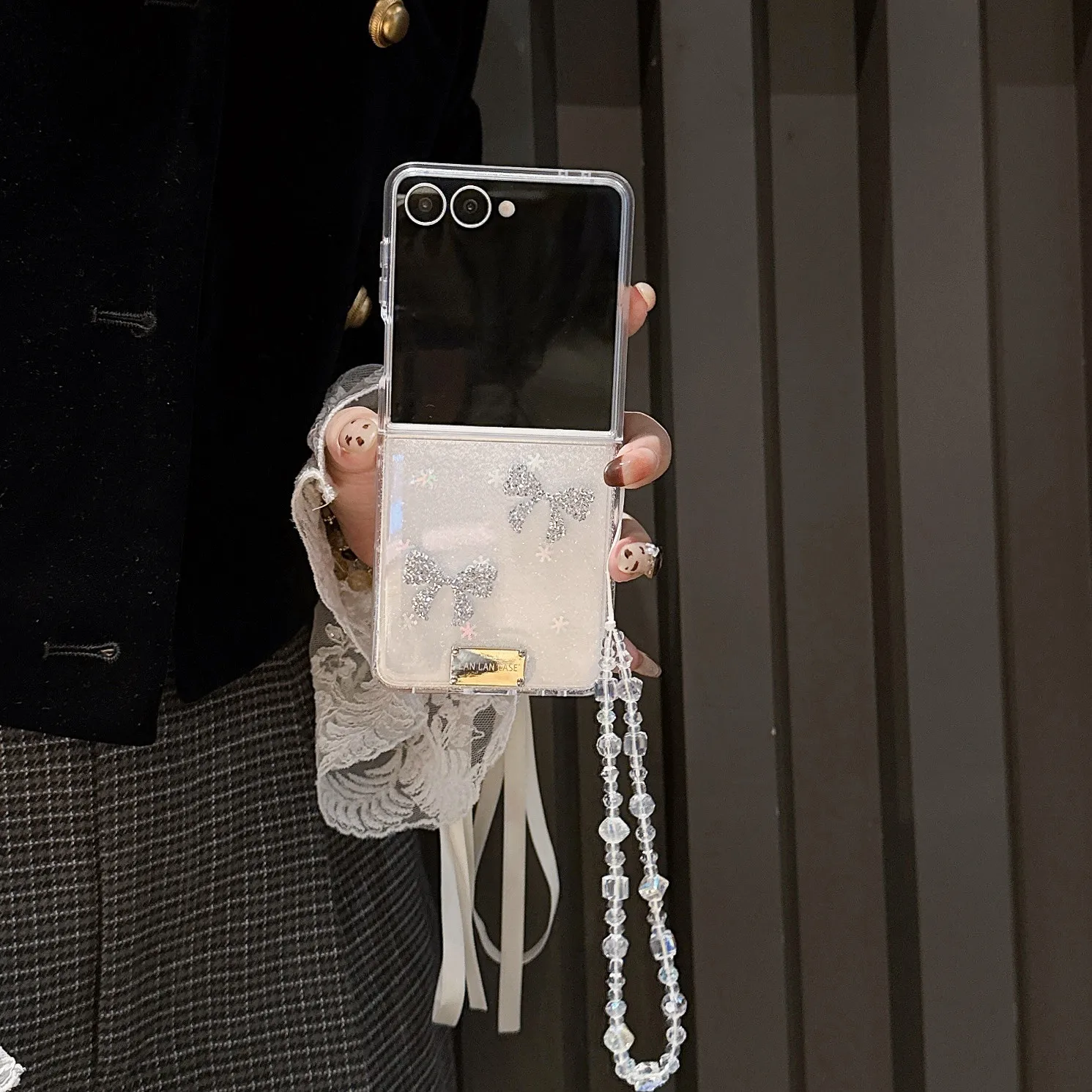 Koreanische Klare Glitter Bogen Telefon Fall Für Samsung Z Flip 7 6 5 Abdeckung mit Kette Kawaii Fällen für Galaxy Z Flip6 Flip7 Telefon Abdeckung