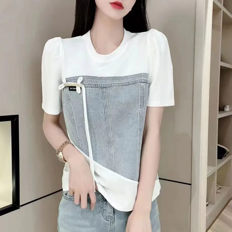 Female Clothing Solid Color Shirt Casual Denim Patchwork Summer Chic Three-dimensional Decoration Drawstring Asymmetrical Blouse