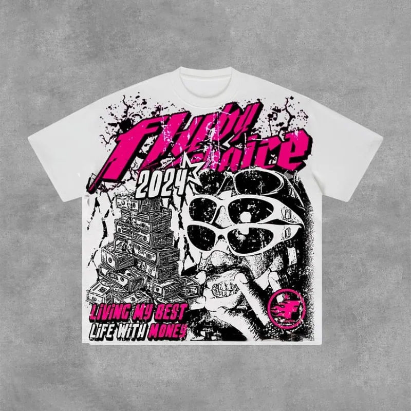 Fly By Choice Living My Best Life with Money Graphic Cotton T-Shirt Men Y2K Vintage Oversize Tshirt Streetwear Women Tops