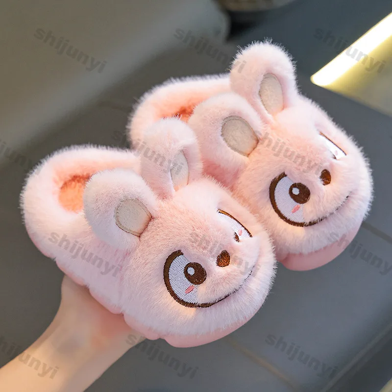 

Winter Children's Cotton Shoes 2025 Cute Rabbits Warm Plush Girls Boys Slippers Faux Fur Anti Slip Flat Home Woman Slippers