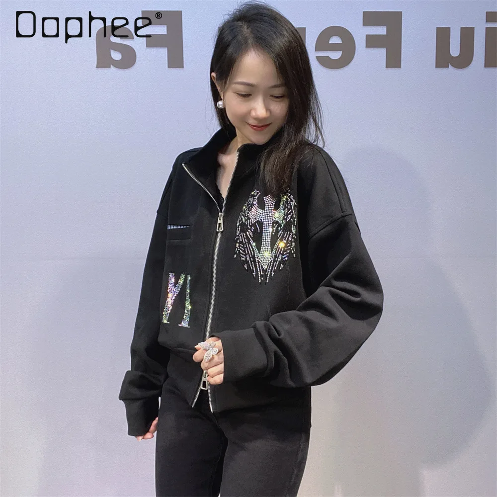

Korean Fashion Stand Collar Long Sleeve Short Jacket for Women 2025 new Autumn Rhinestone Zipper Cardigan Casual Jacket Trendy
