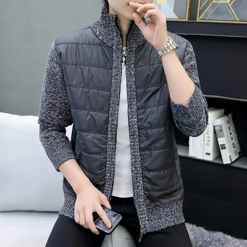 Men Autumn Jacket Knitted Patchwork Color Matching Thick Warm Men Coat Padded Plush Cardigan Elastic Men Winter Sweater Coat