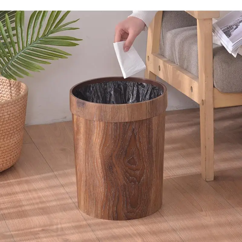 

Round Shape Plastic Trash Can Imitation Wood Grain Garbage Bin Without Cover Wastebasket Home Storage Basket
