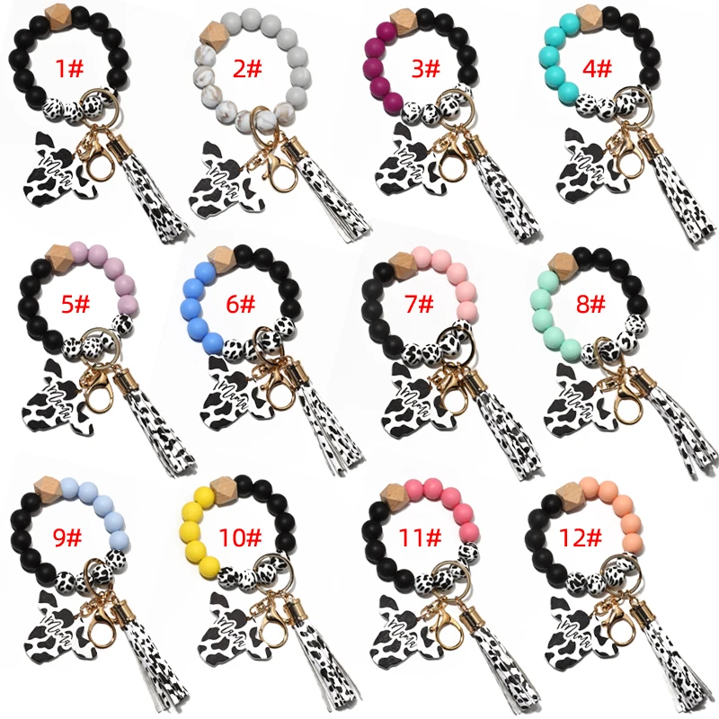 Cow Custom Silicone Beads Leather Tassel Cute Cow Wood Bull Wooden Bead Bracelet MAMA Silicone Wristlet Keychain